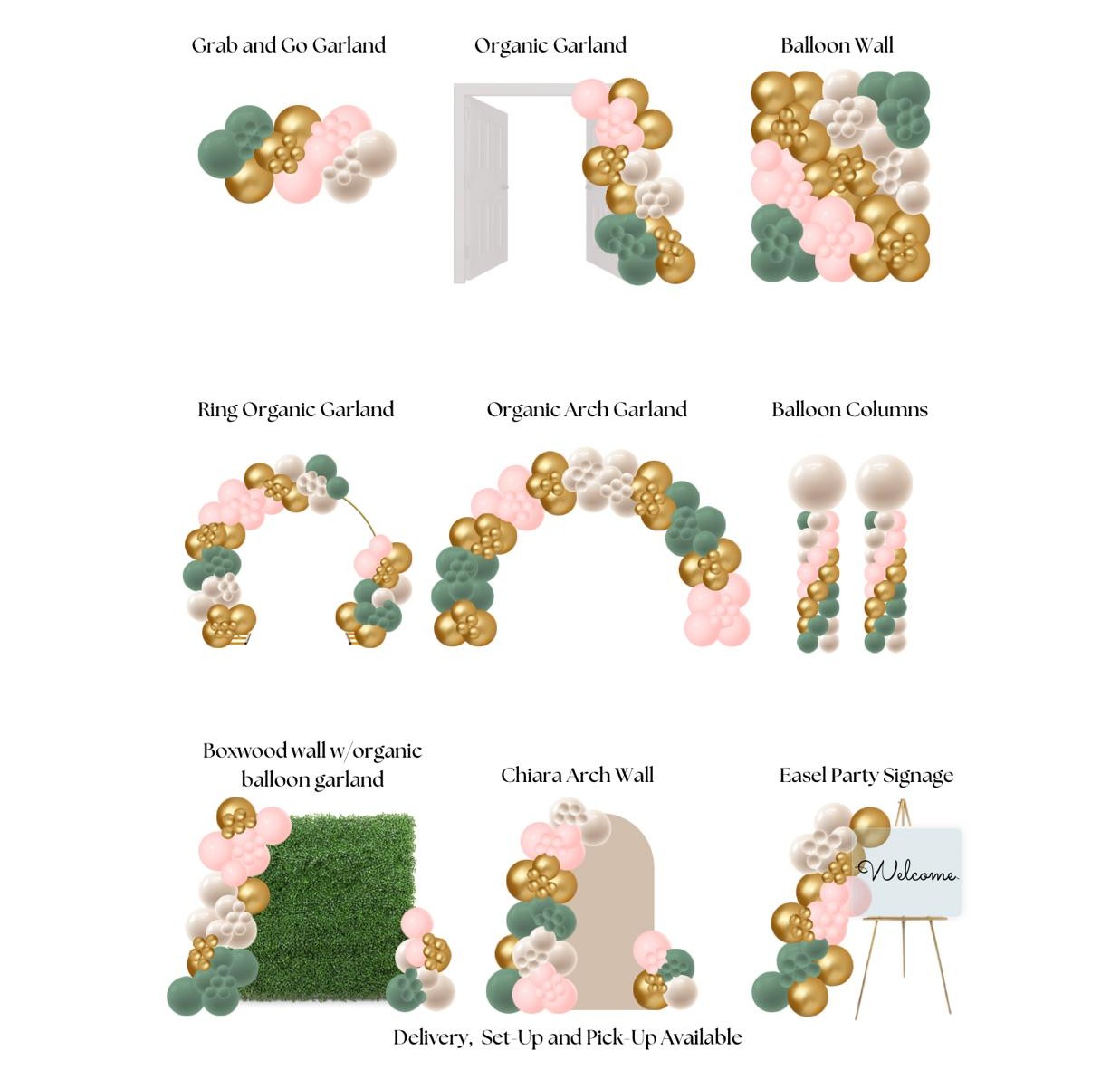 Balloon decor menu — Grab and Go Garland, Organic Garland, Balloon Wall, Ring Organic Garland, Organic Arch Garland, Balloon Columns, Boxwood Wall, Chiara Arch Wall, Easel Party Signage